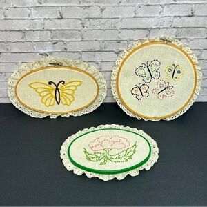 Butterflies Flower Needlepoint Handmade Art Framed Ruffles 3 Pieces Vintage
